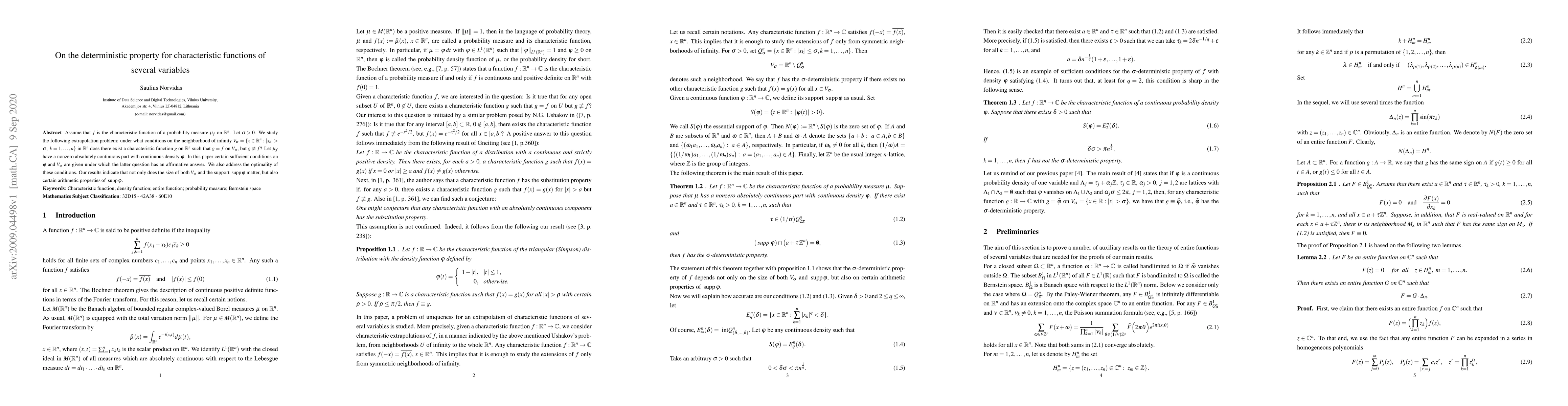 Thumbnail for On the deterministic property for characteristic functions of several
  variables