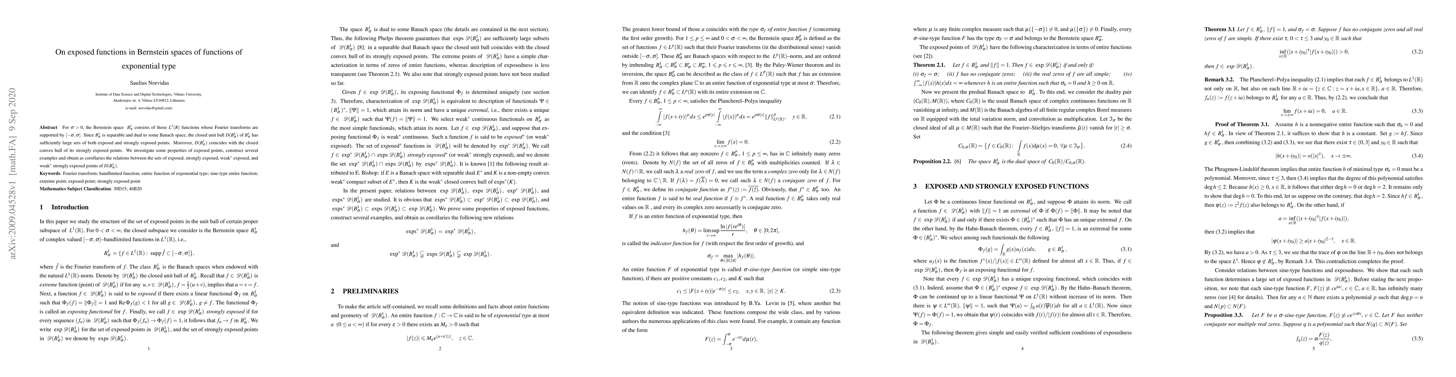 Thumbnail for On exposed functions in Bernstein spaces of functions of exponential
  type