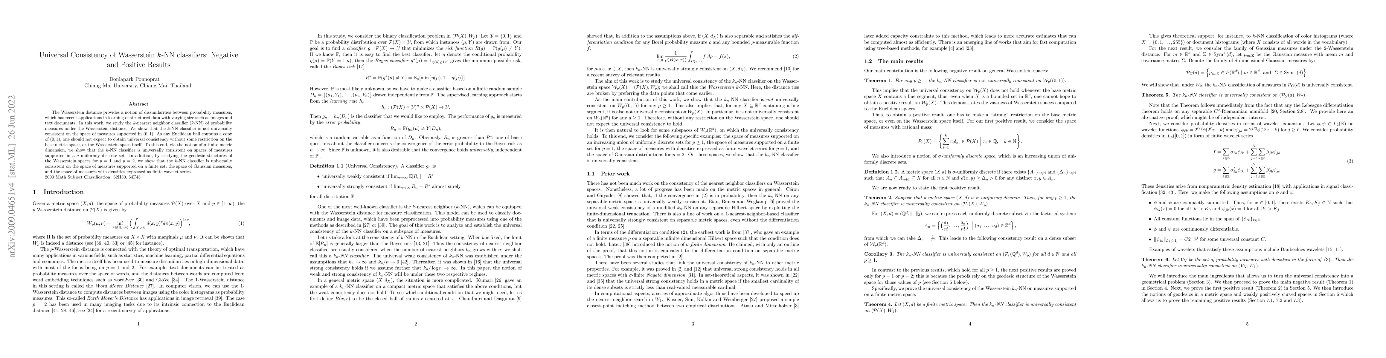 Thumbnail for Universal consistency of Wasserstein $k$-NN classifier: Negative and
  Positive Results