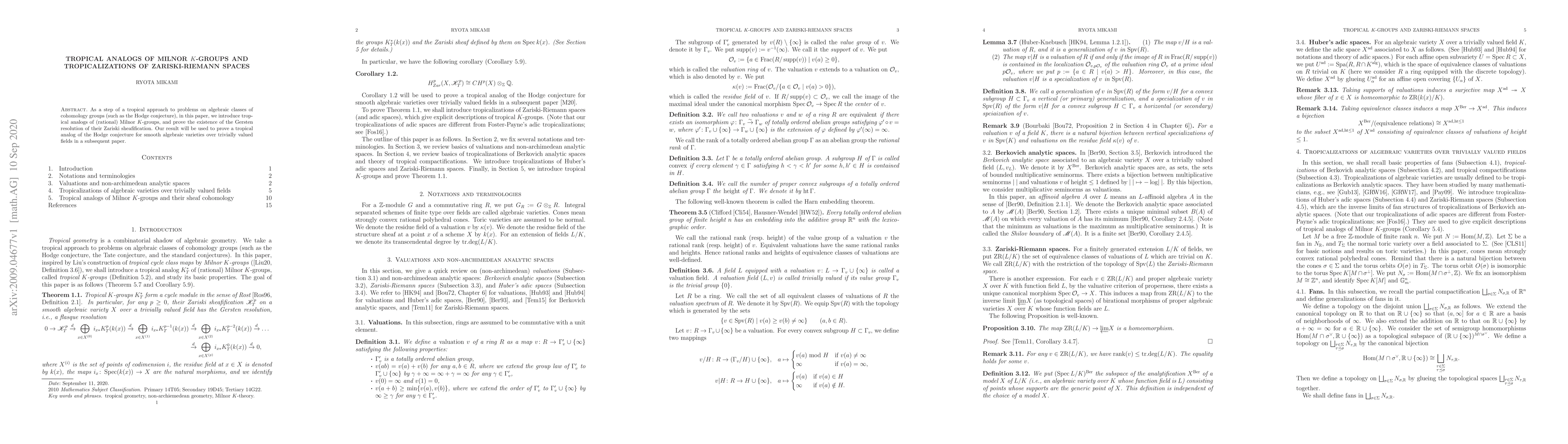 Thumbnail for Tropical analogs of Milnor $K$-groups and tropicalizations of
  Zariski-Riemann spaces