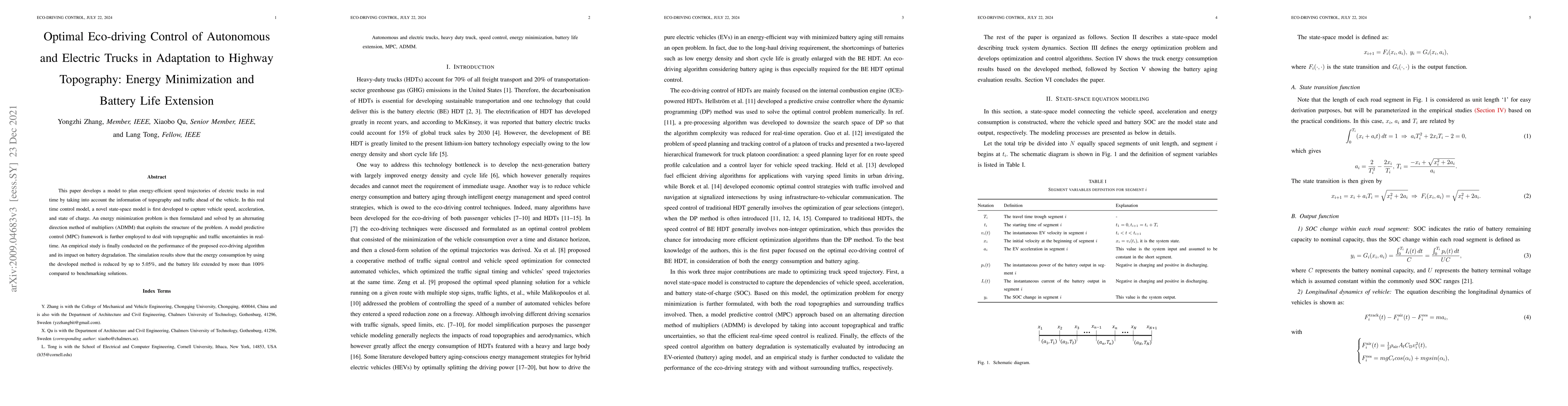 Thumbnail for Optimal Eco-driving Control of Autonomous and Electric Trucks in
  Adaptation to Highway Topography: Energy Minimization and Battery Life
  Extension