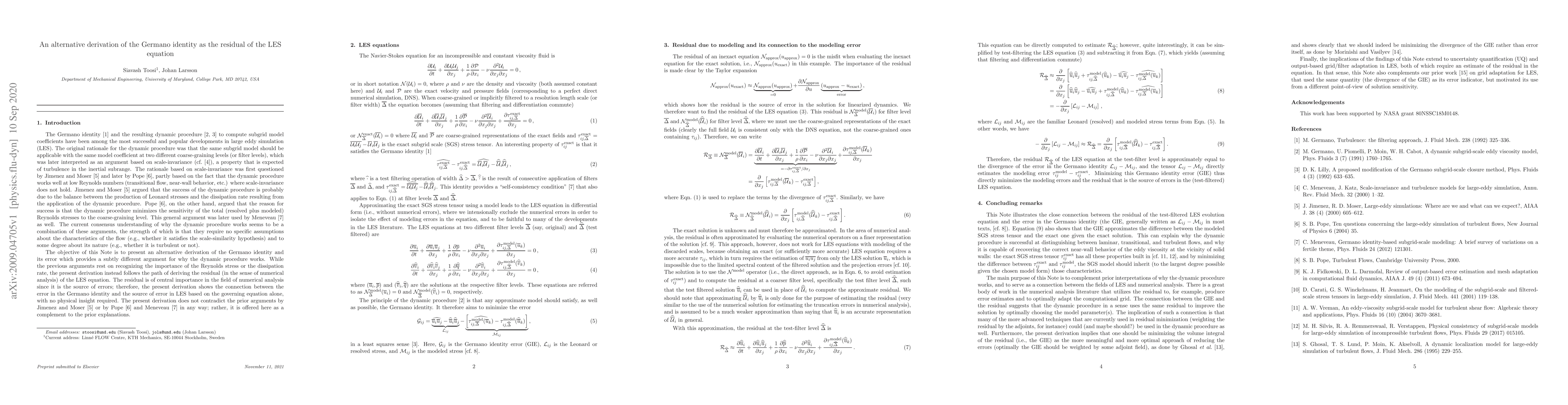 Thumbnail for An alternative derivation of the Germano identity as the residual of the
  LES equation