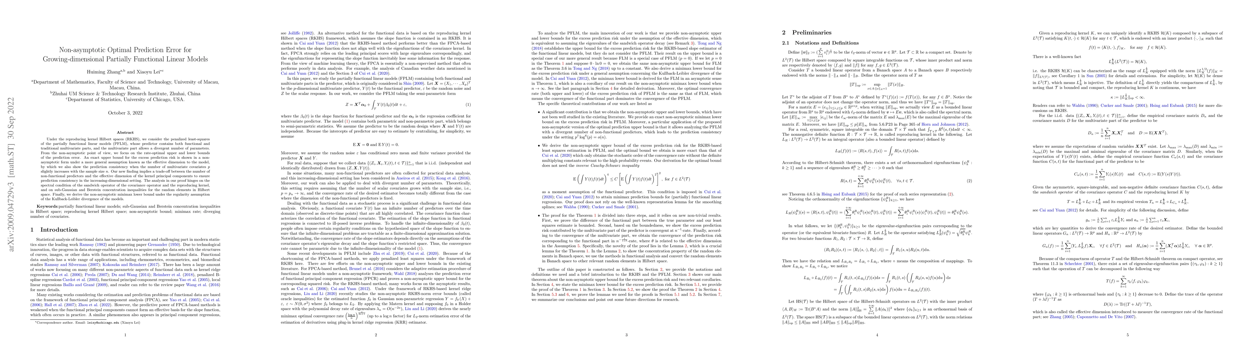 Thumbnail for Non-asymptotic Optimal Prediction Error for Growing-dimensional
  Partially Functional Linear Models