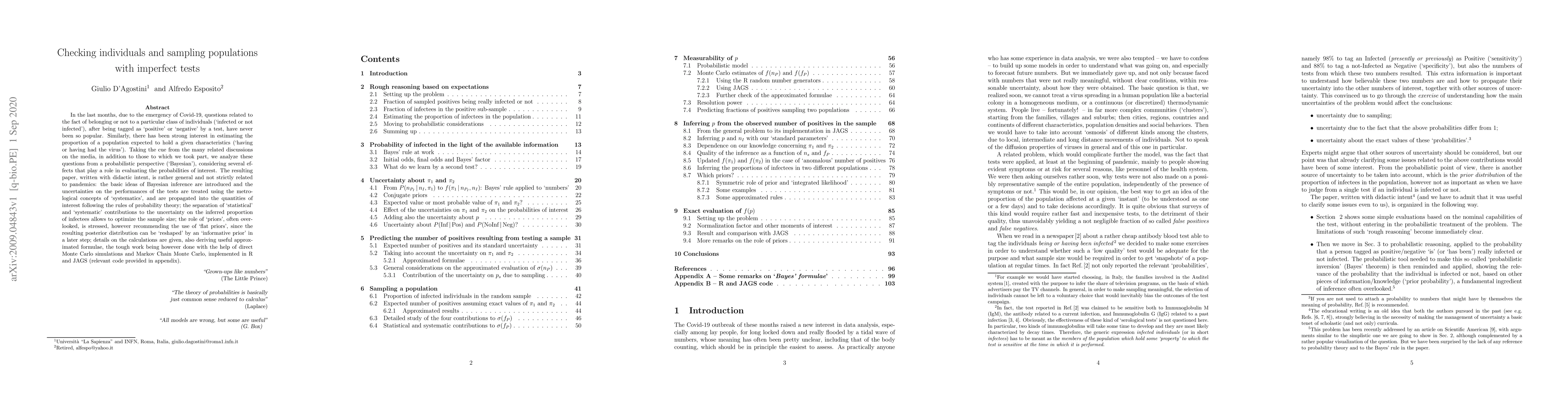 Thumbnail for Checking individuals and sampling populations with imperfect tests