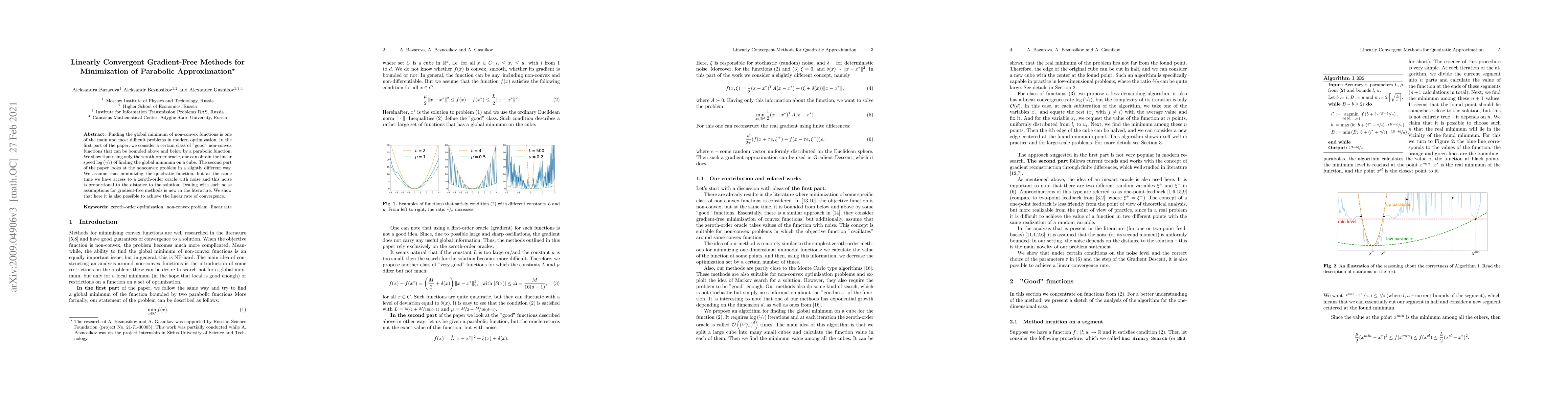 Thumbnail for Linearly Convergent Gradient-Free Methods for Minimization of Parabolic
  Approximation