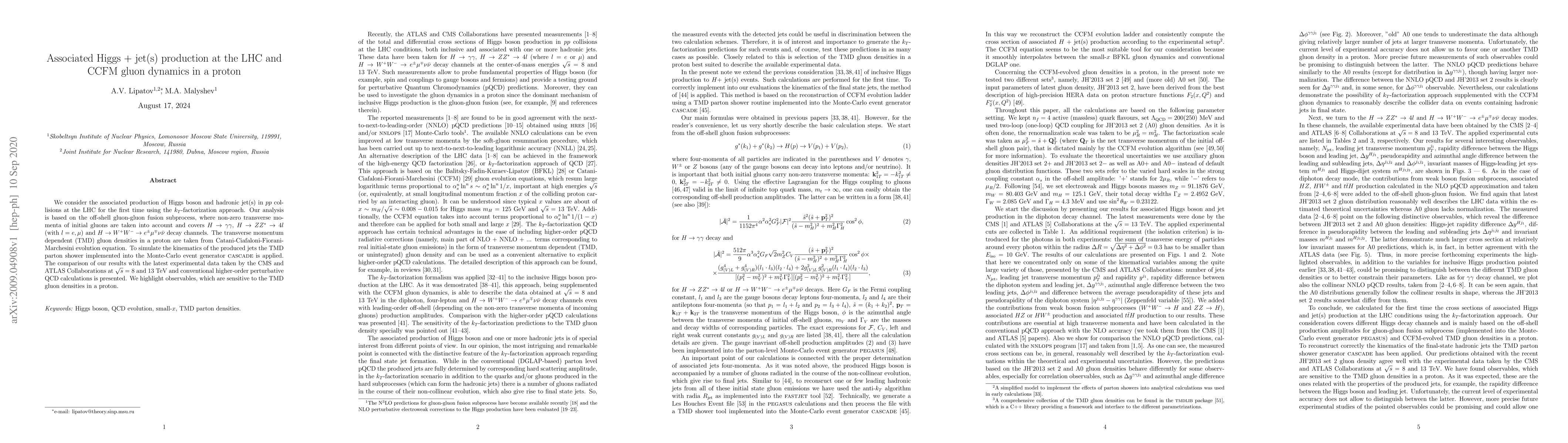 Thumbnail for Associated Higgs + jet(s) production at the LHC and CCFM gluon dynamics
  in a proton