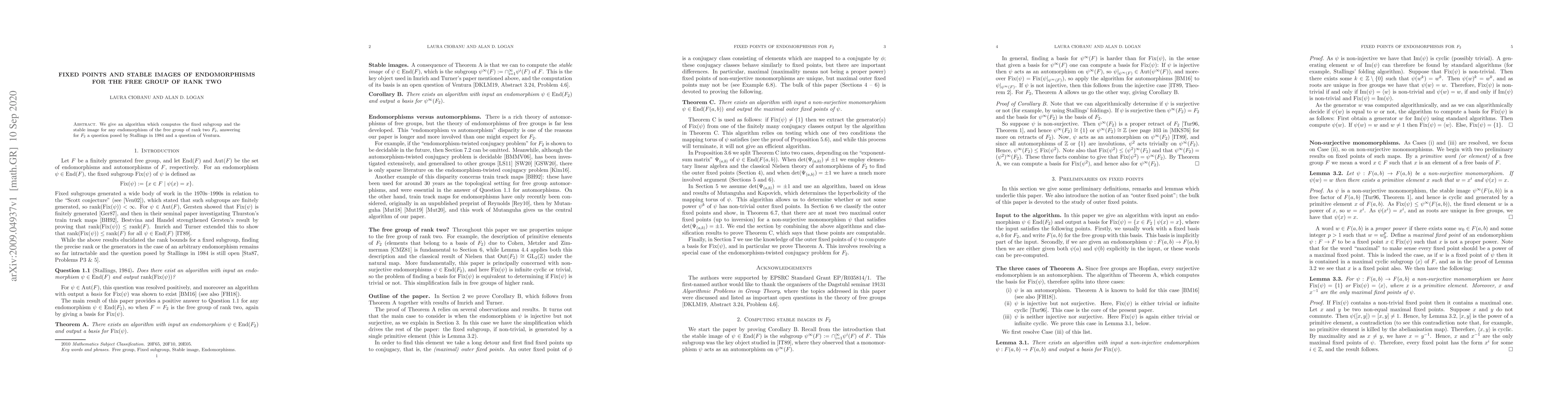 Thumbnail for Fixed points and stable images of endomorphisms for the free group of
  rank two