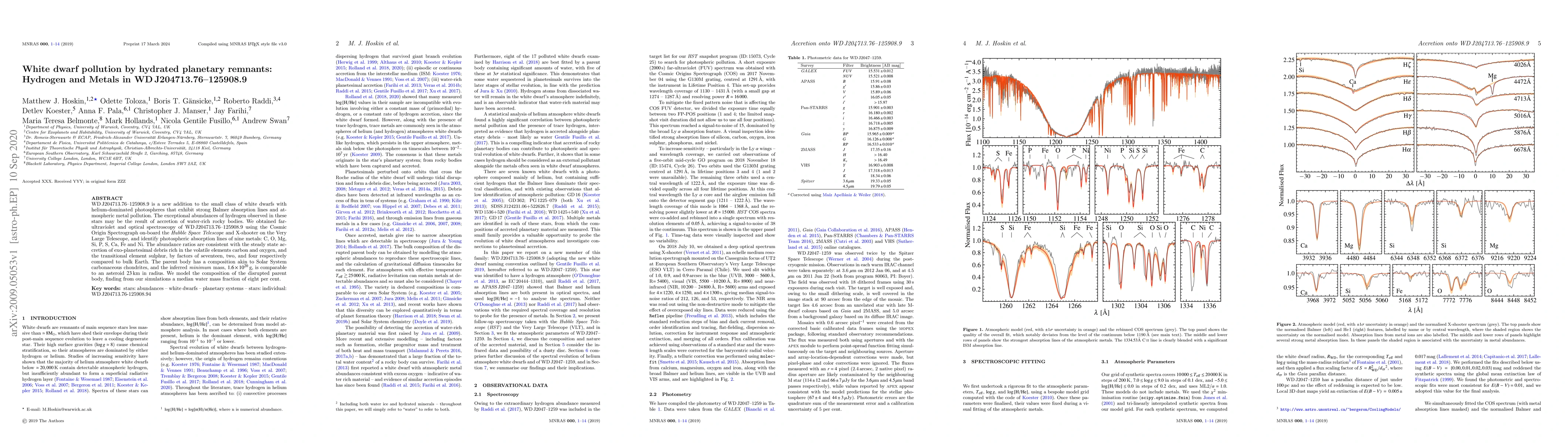 Thumbnail for White dwarf pollution by hydrated planetary remnants: Hydrogen and
  Metals in WD J204713.76-125908.9