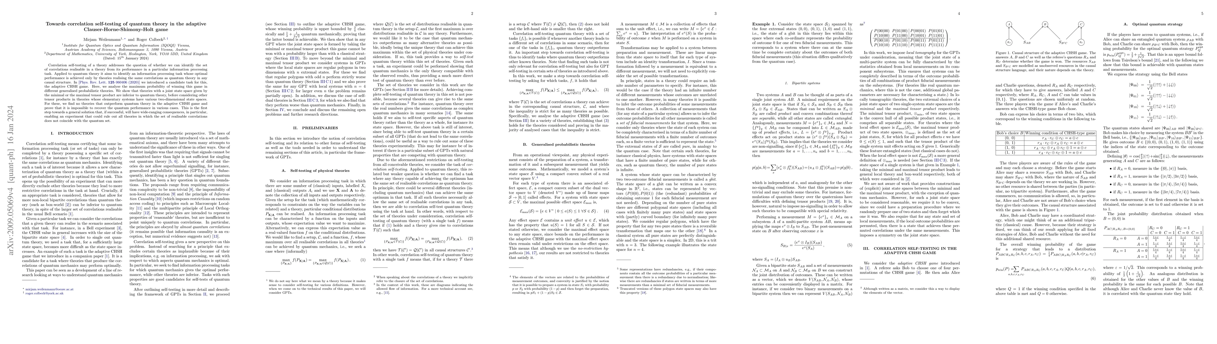 Thumbnail for Towards correlation self-testing of quantum theory in the adaptive
  Clauser-Horne-Shimony-Holt game