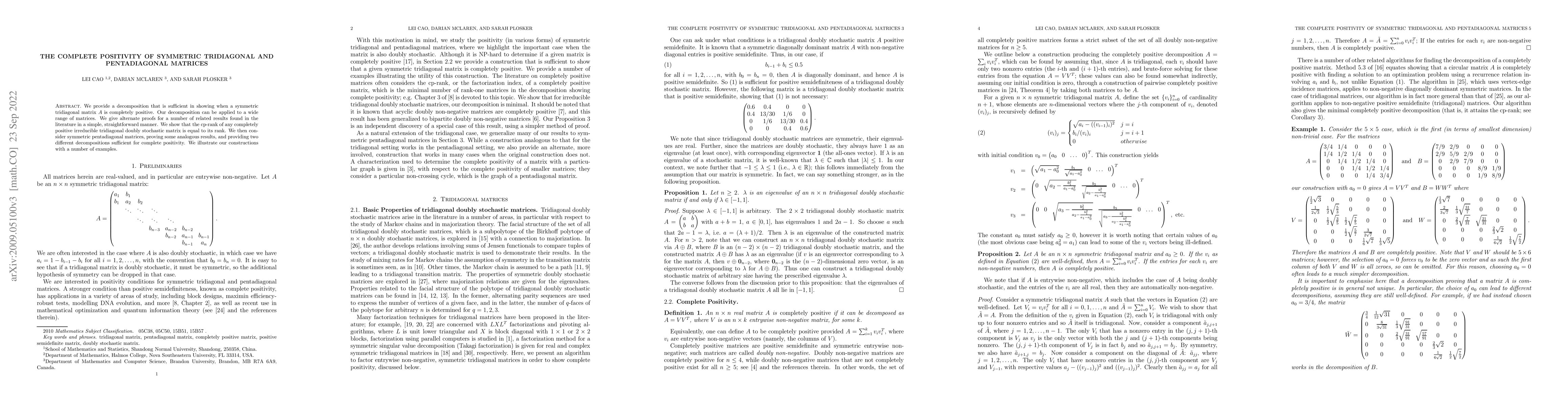 Thumbnail for The Complete Positivity of Symmetric Tridiagonal and Pentadiagonal
  Matrices