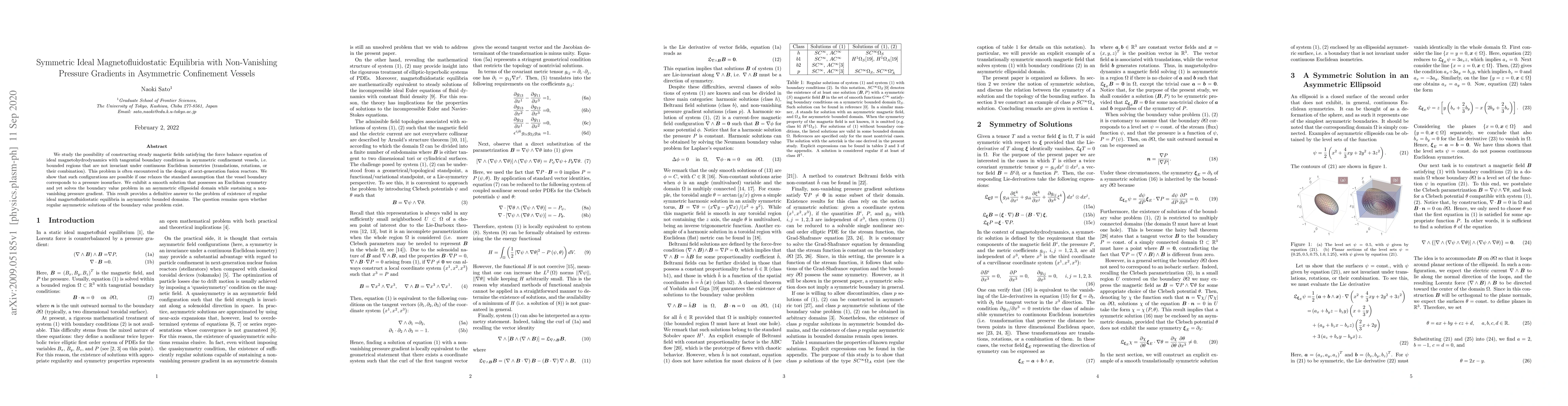 Thumbnail for Symmetric Ideal Magnetofluidostatic Equilibria with Non-Vanishing
  Pressure Gradients in Asymmetric Confinement Vessels