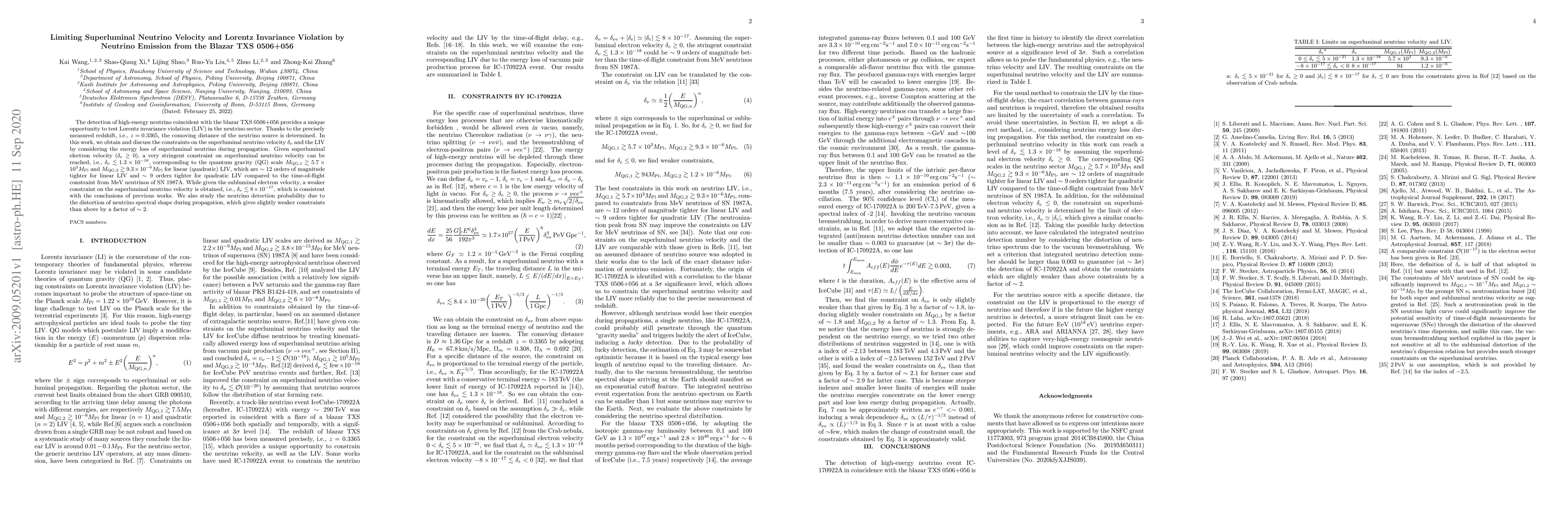 Thumbnail for Limiting Superluminal Neutrino Velocity and Lorentz Invariance Violation
  by Neutrino Emission from the Blazar TXS 0506+056