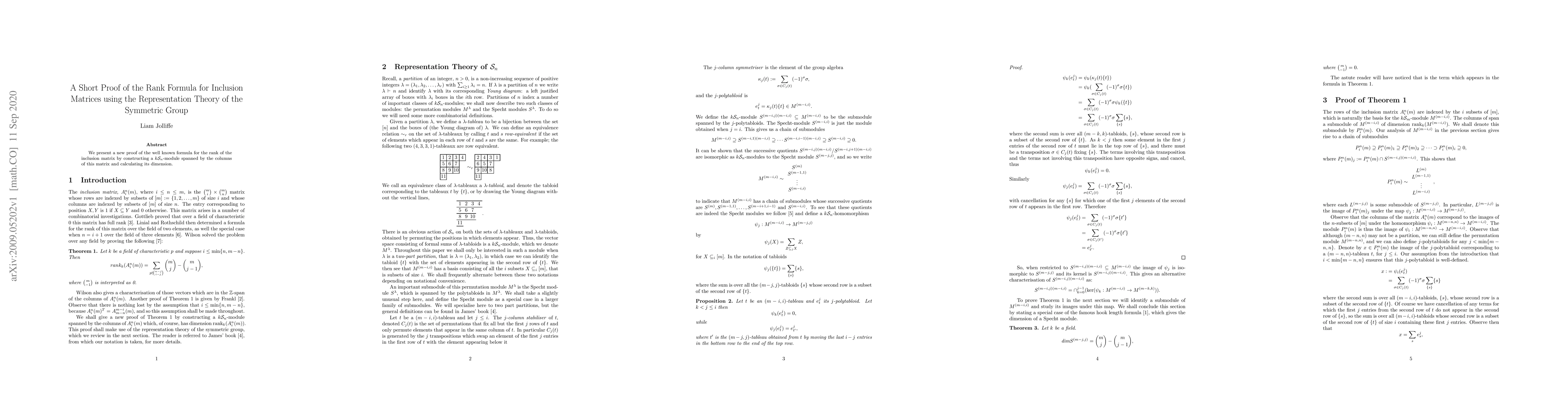 Thumbnail for A Short Proof of the Rank Formula for Inclusion Matrices using the
  Representation Theory of the Symmetric Group