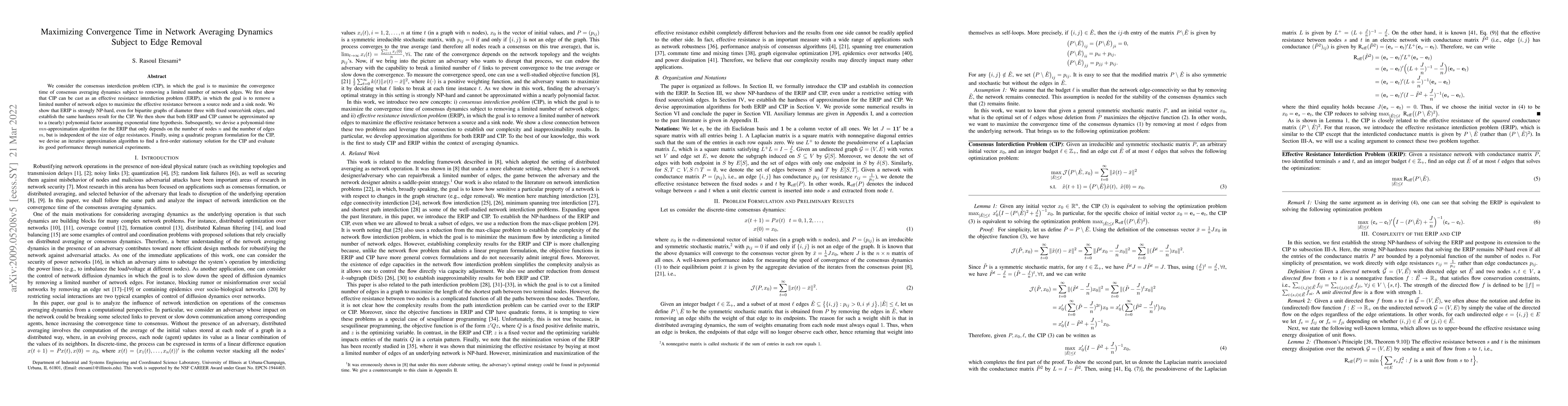 Thumbnail for Maximizing Convergence Time in Network Averaging Dynamics Subject to
  Edge Removal