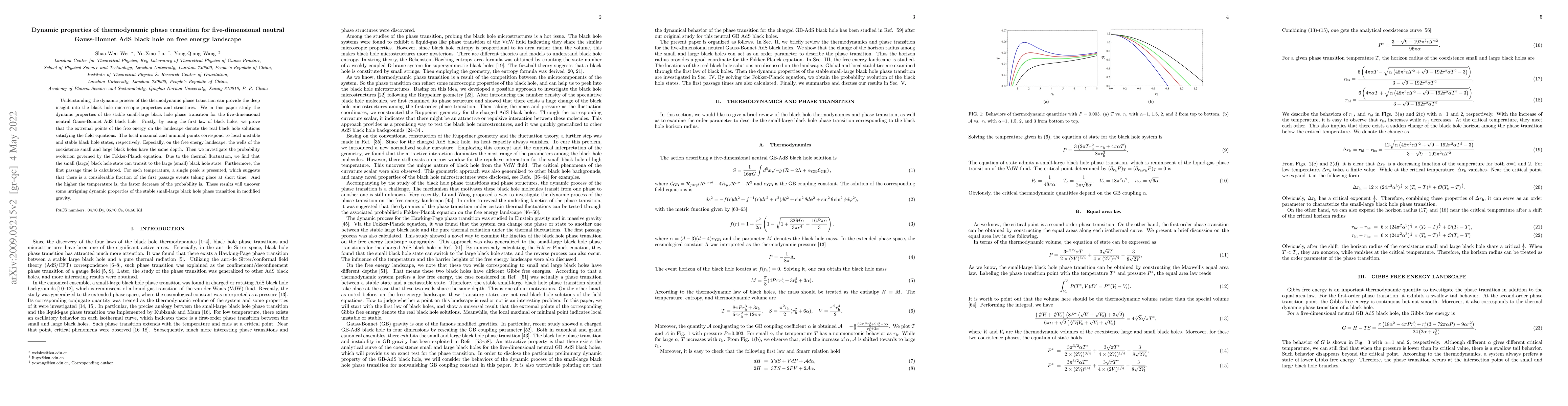Thumbnail for Dynamic properties of thermodynamic phase transition for
  five-dimensional neutral Gauss-Bonnet AdS black hole on free energy landscape