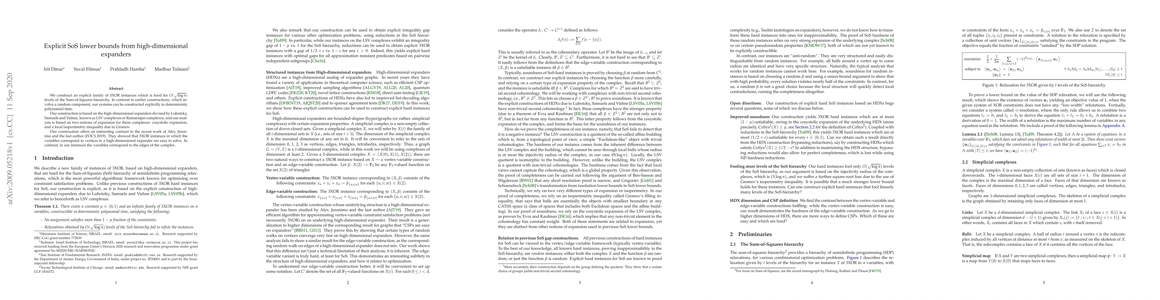Thumbnail for Explicit SoS lower bounds from high-dimensional expanders