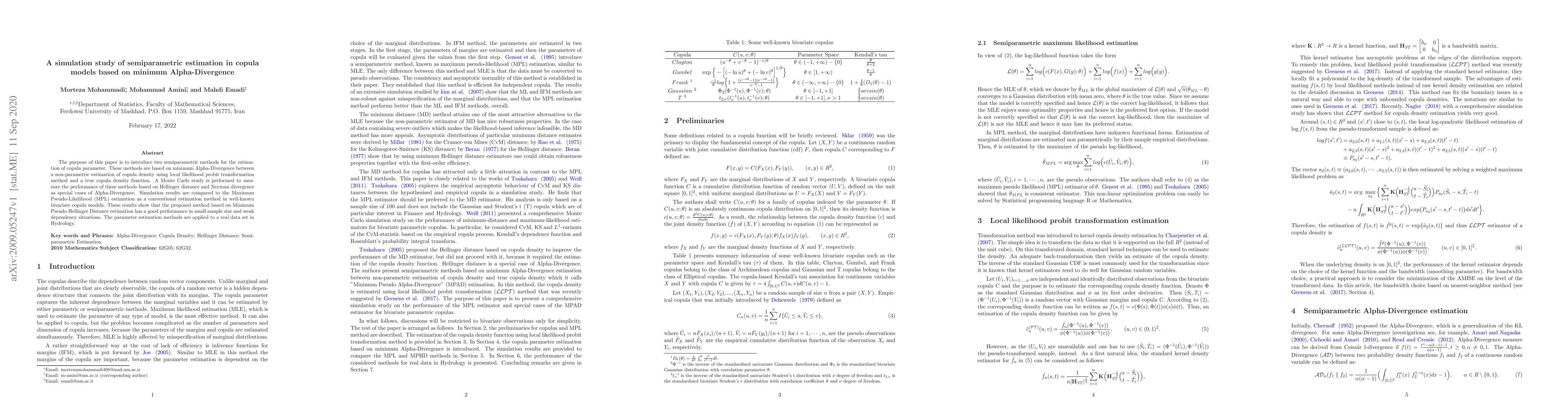 Thumbnail for A simulation study of semiparametric estimation in copula models based
  on minimum Alpha-Divergence