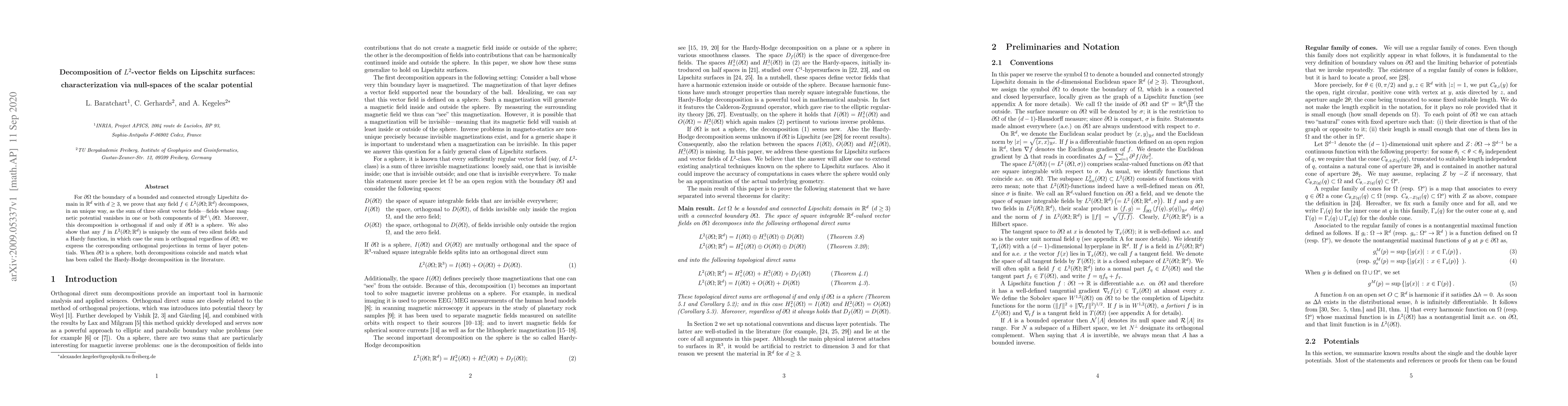 Thumbnail for Decomposition of $L^{2}$-vector fields on Lipschitz surfaces:
  characterization via null-spaces of the scalar potential