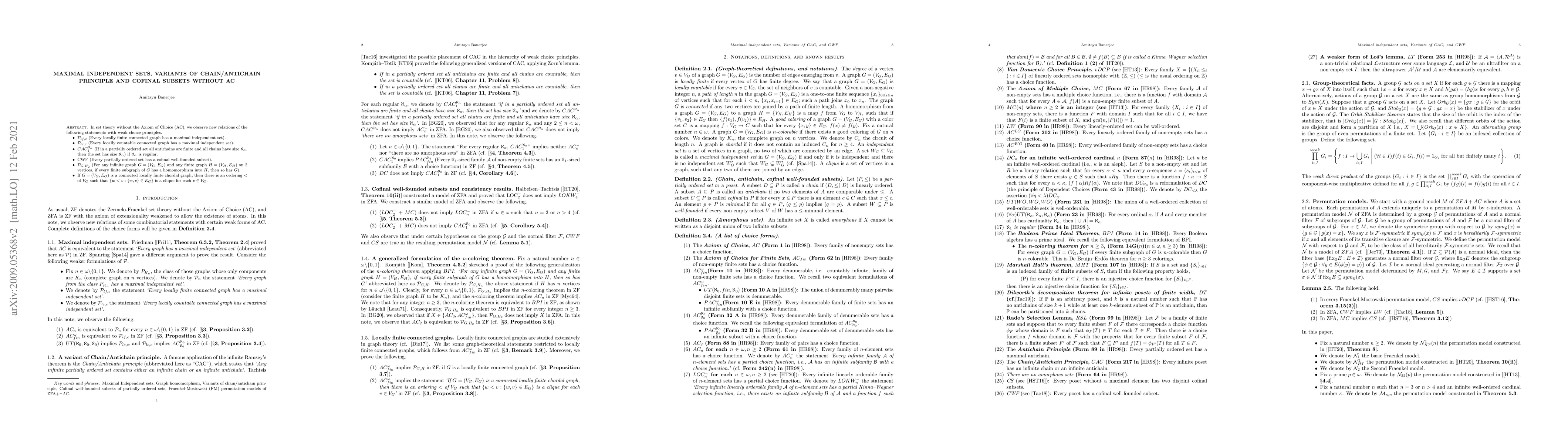 Thumbnail for Maximal independent sets, variants of chain/antichain principle and
  cofinal subsets without AC