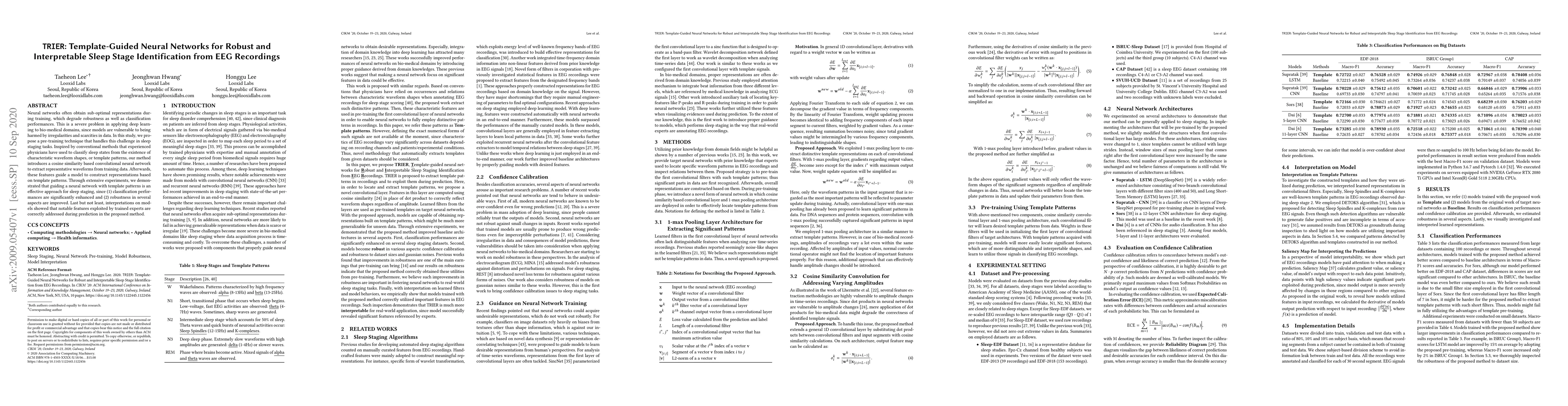 Thumbnail for TRIER: Template-Guided Neural Networks for Robust and Interpretable
  Sleep Stage Identification from EEG Recordings