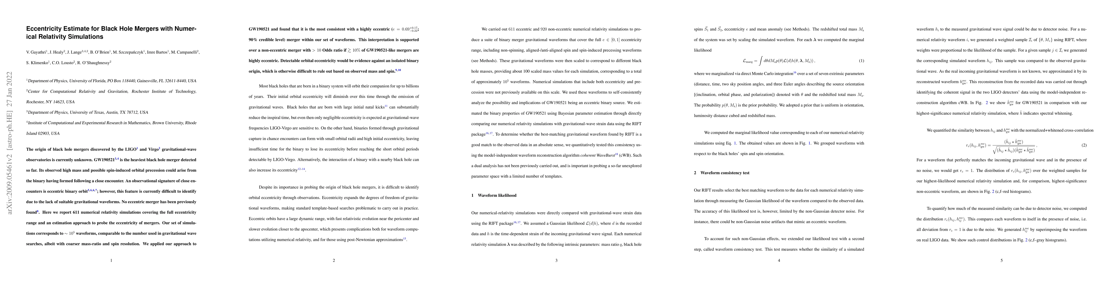 Thumbnail for Eccentricity Estimate for Black Hole Mergers with Numerical Relativity
  Simulations