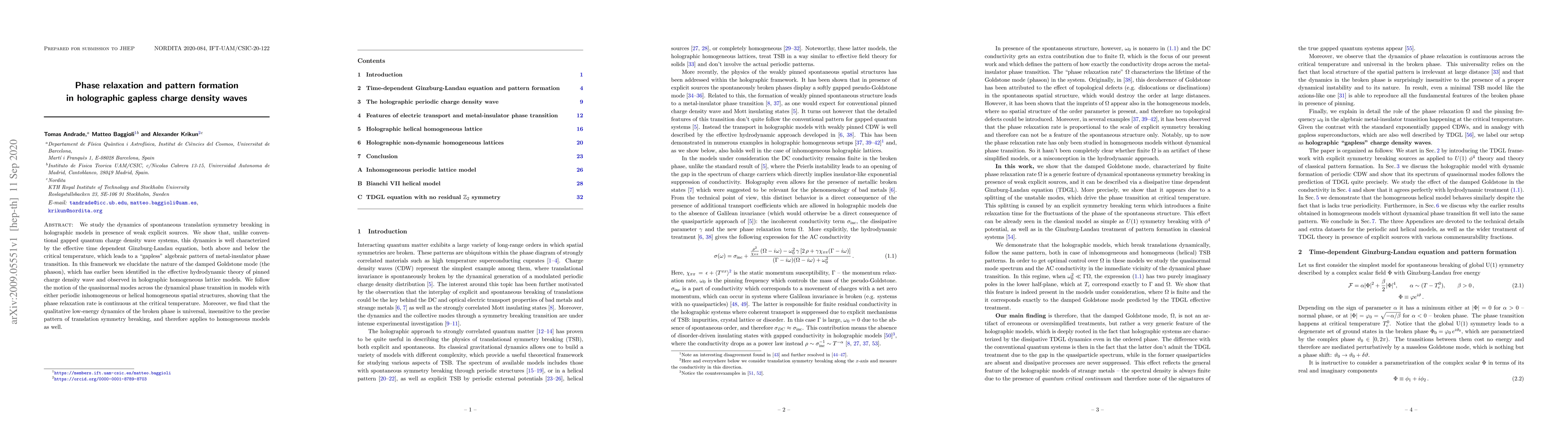 Thumbnail for Phase relaxation and pattern formation in holographic gapless charge
  density waves