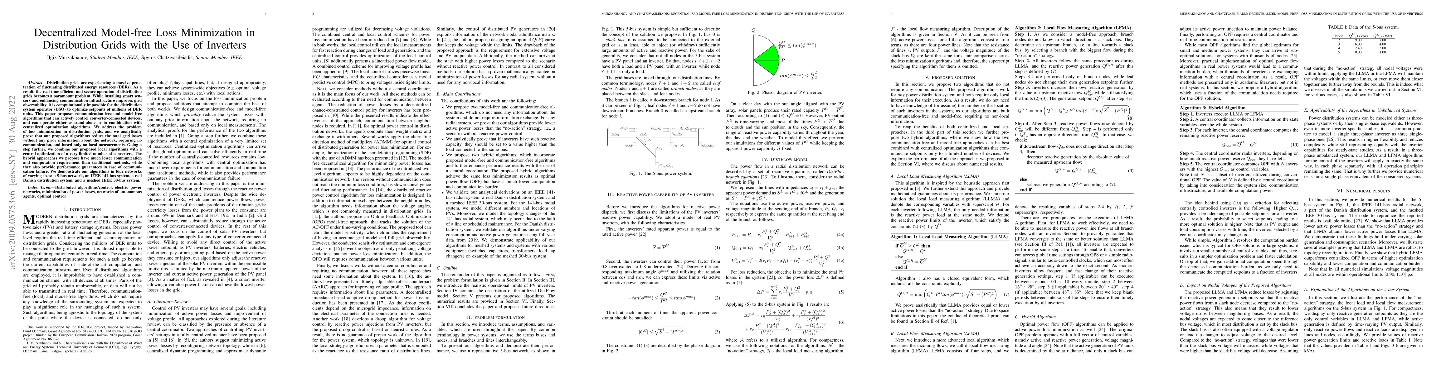 Thumbnail for Decentralized Model-free Loss Minimization in Distribution Grids with
  the Use of Inverters