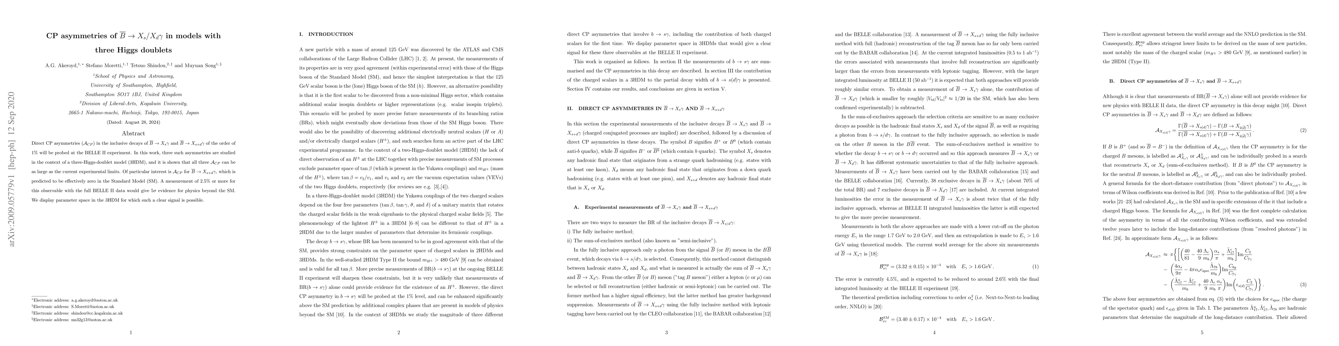 Thumbnail for CP asymmetries of ${\overline B}\to X_s/X_d\gamma$ in models with three
  Higgs doublets