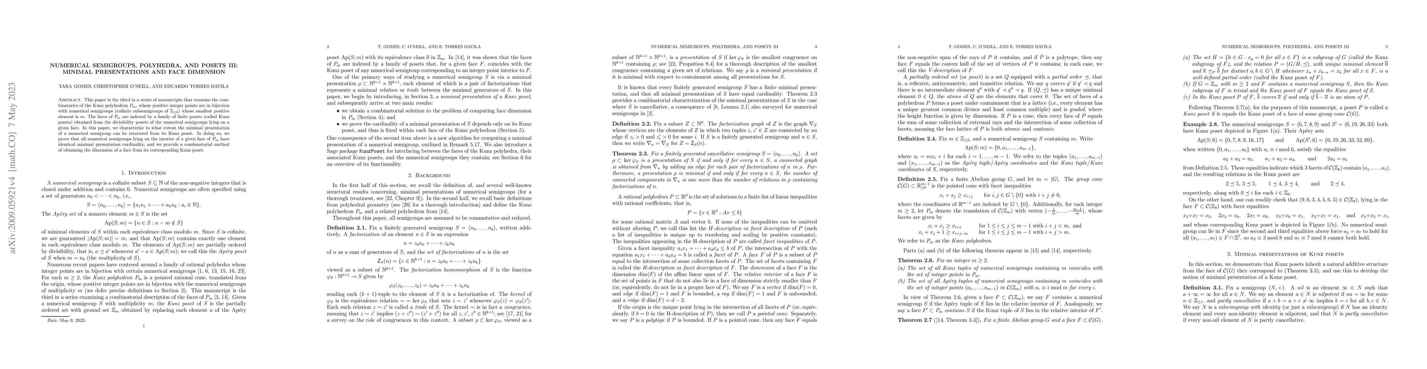 Thumbnail for Numerical semigroups, polyhedra, and posets III: minimal presentations
  and face dimension