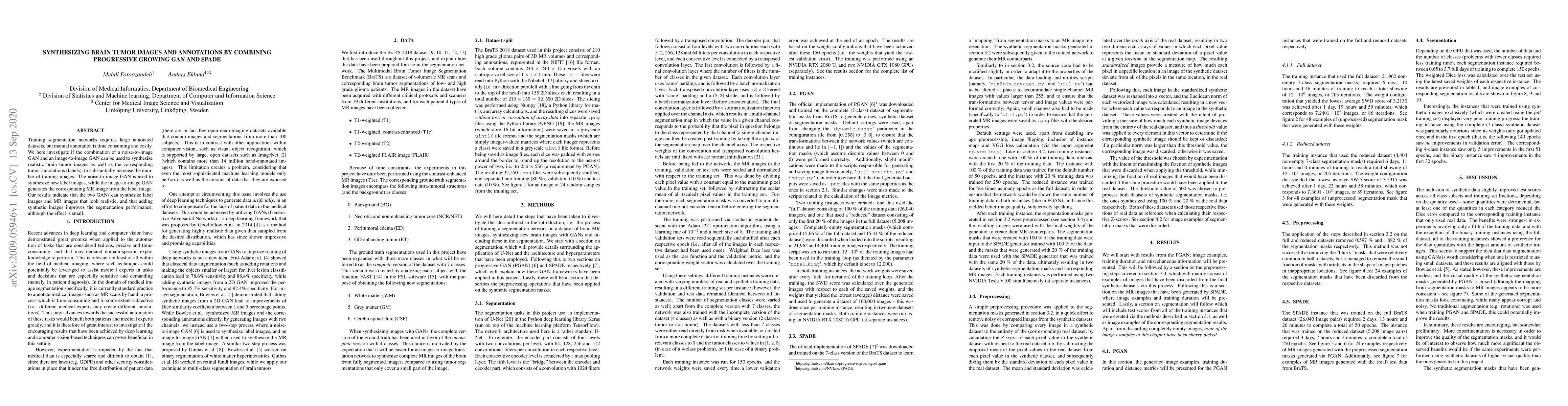 Thumbnail for Synthesizing brain tumor images and annotations by combining progressive
  growing GAN and SPADE