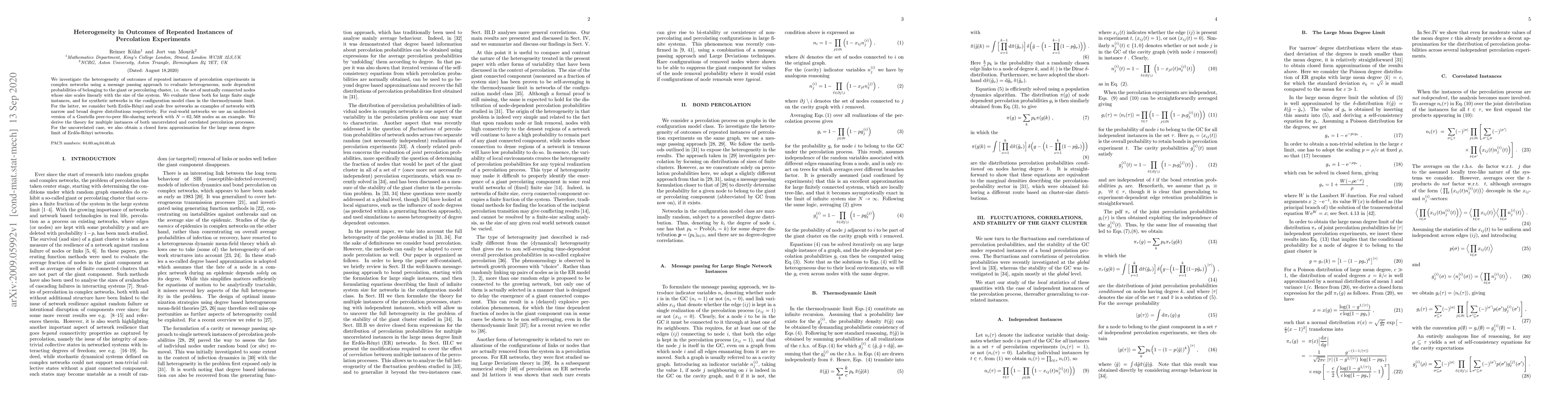 Thumbnail for Heterogeneity in Outcomes of Repeated Instances of Percolation
  Experiments