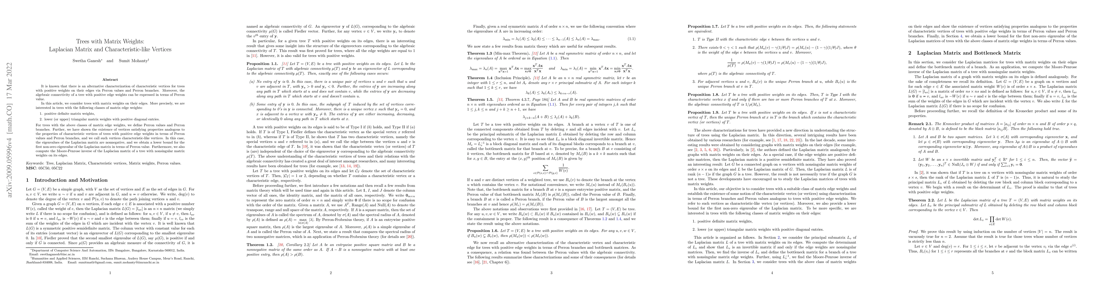 Thumbnail for Trees with Matrix Weights: Laplacian Matrix and Characteristic-like
  Vertices