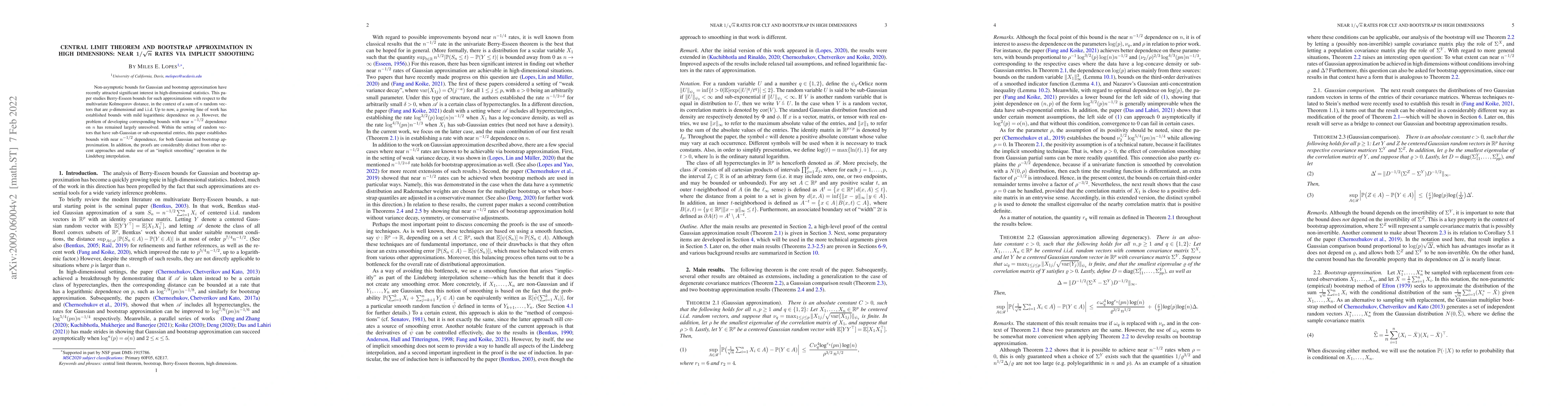 Thumbnail for Central Limit Theorem and Bootstrap Approximation in High Dimensions:
  Near $1/\sqrt{n}$ Rates via Implicit Smoothing