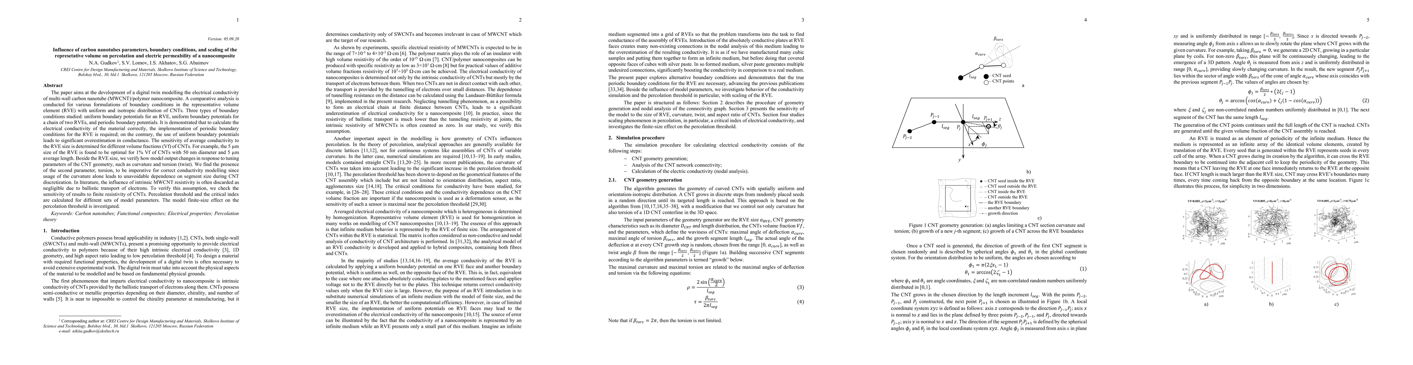Thumbnail for Influence of carbon nanotubes parameters, boundary conditions, and
  scaling of the represetative volume on percolation and electric permeability
  of a nanocomposite