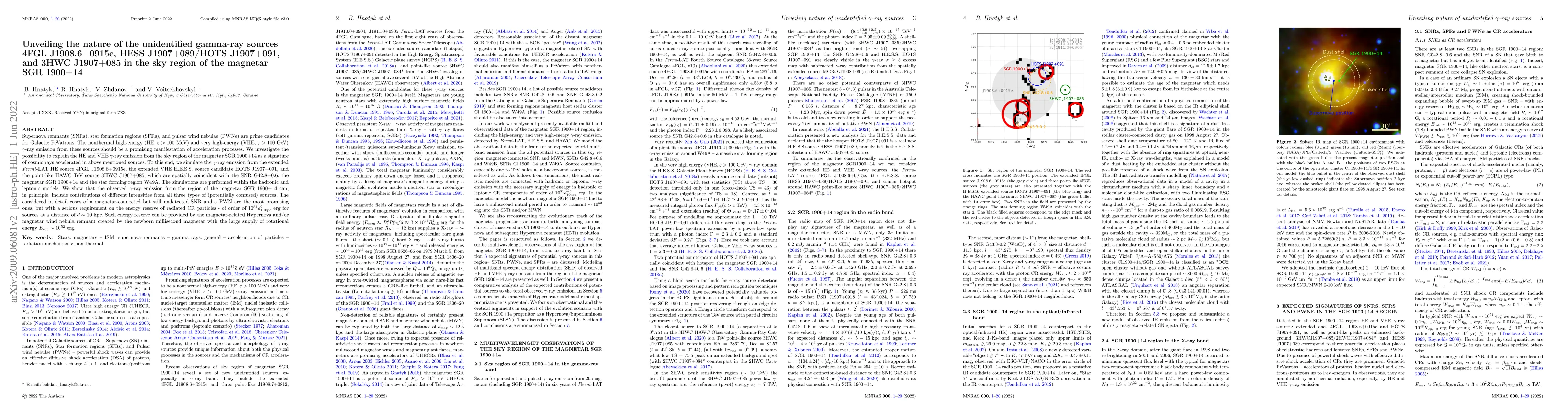 Thumbnail for Unveiling the nature of the unidentified gamma-ray sources 4FGL
  J1908.6+0915e, HESS J1907+089/HOTS J1907+091, and 3HWC J1907+085 in the sky
  region of the magnetar SGR 1900+14