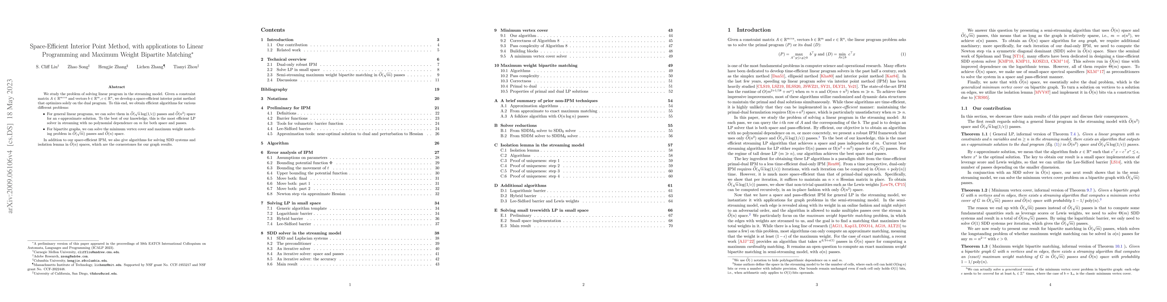 Thumbnail for Space-Efficient Interior Point Method, with applications to Linear
  Programming and Maximum Weight Bipartite Matching