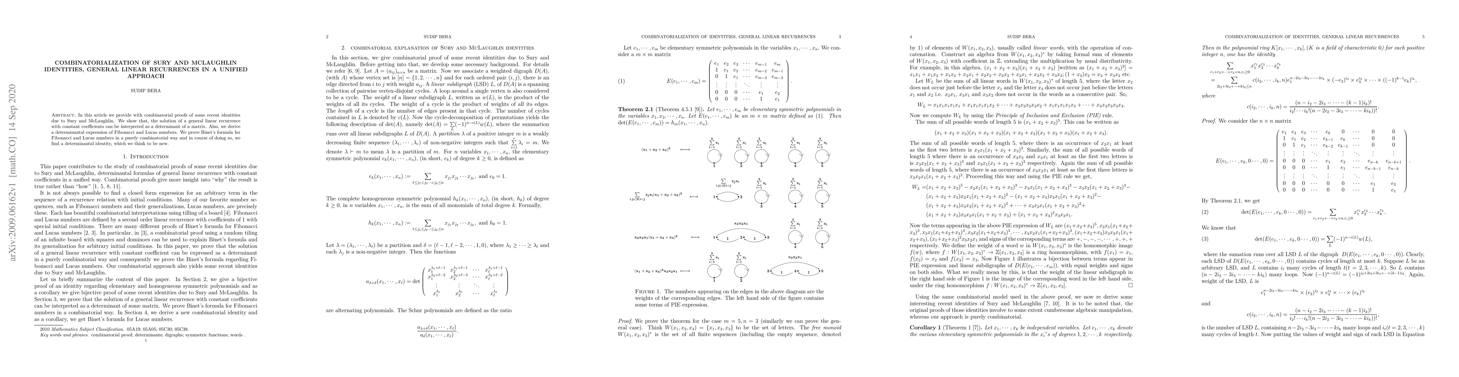 Thumbnail for Combinatorialization of Sury and McLaughlin identities, general linear
  recurrences in a unified approach