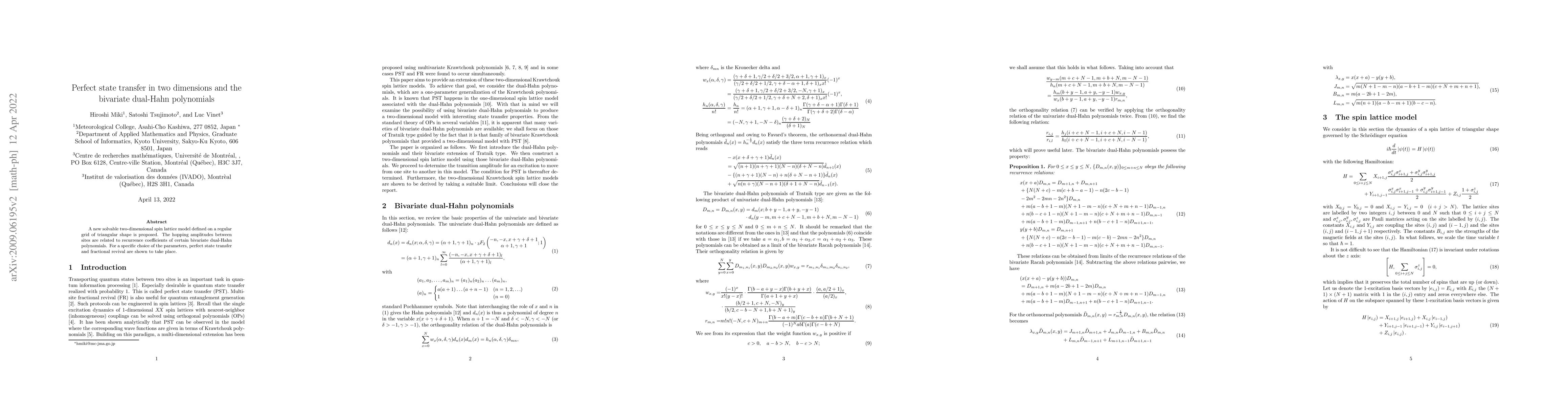Thumbnail for Perfect state transfer in two dimensions and the bivariate dual-Hahn
  polynomials
