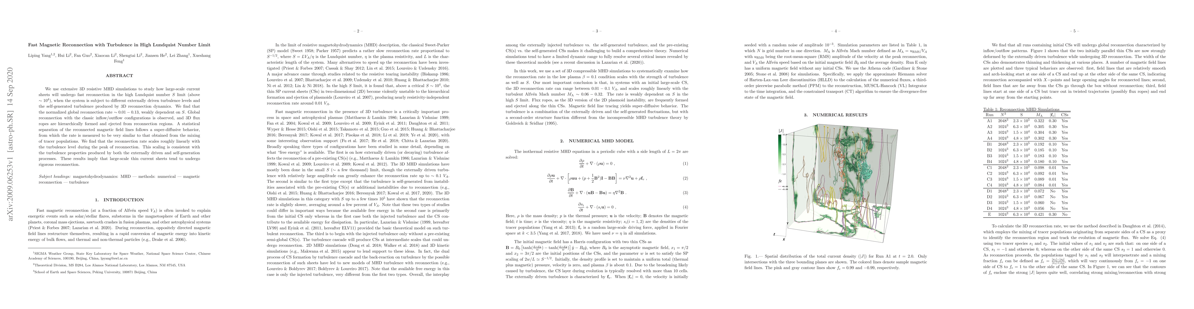 Thumbnail for Fast Magnetic Reconnection with Turbulence in High Lundquist Number
  Limit