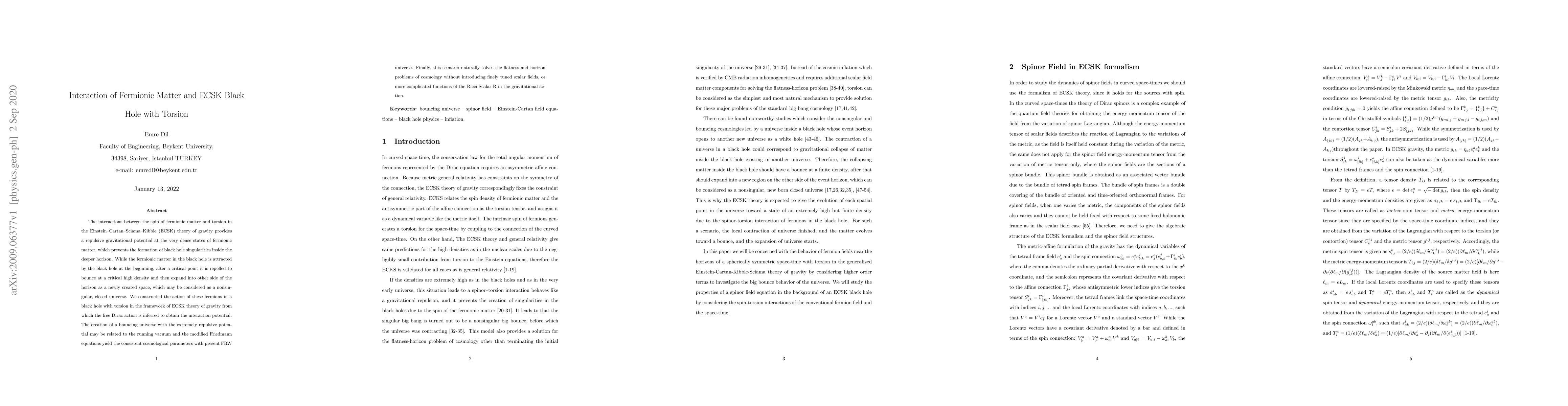 Thumbnail for Interaction of Fermionic Matter and ECSK Black Hole with Torsion