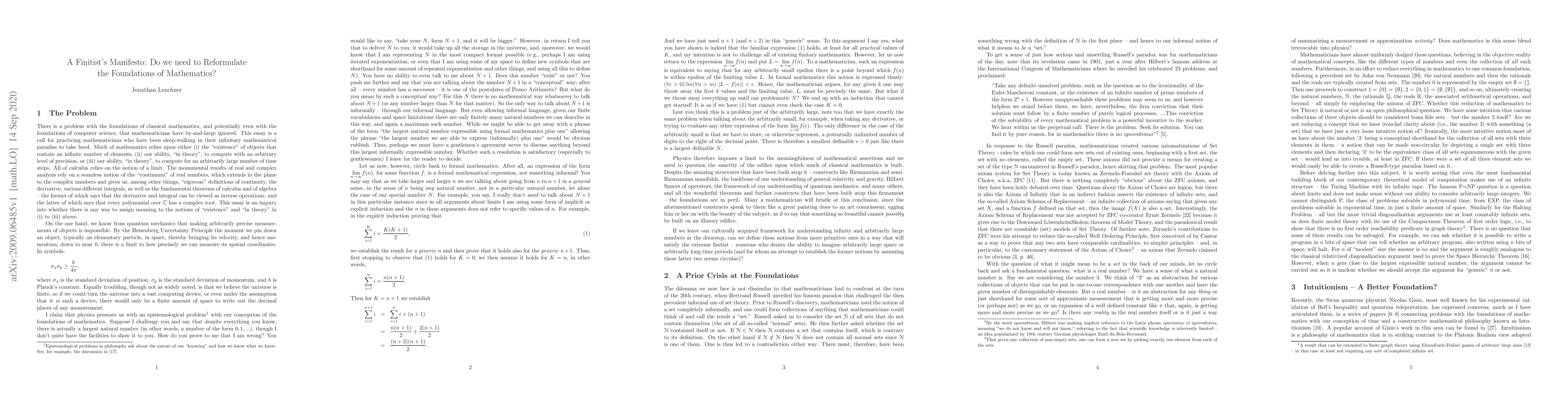 Thumbnail for A Finitist's Manifesto: Do we need to Reformulate the Foundations of
  Mathematics?