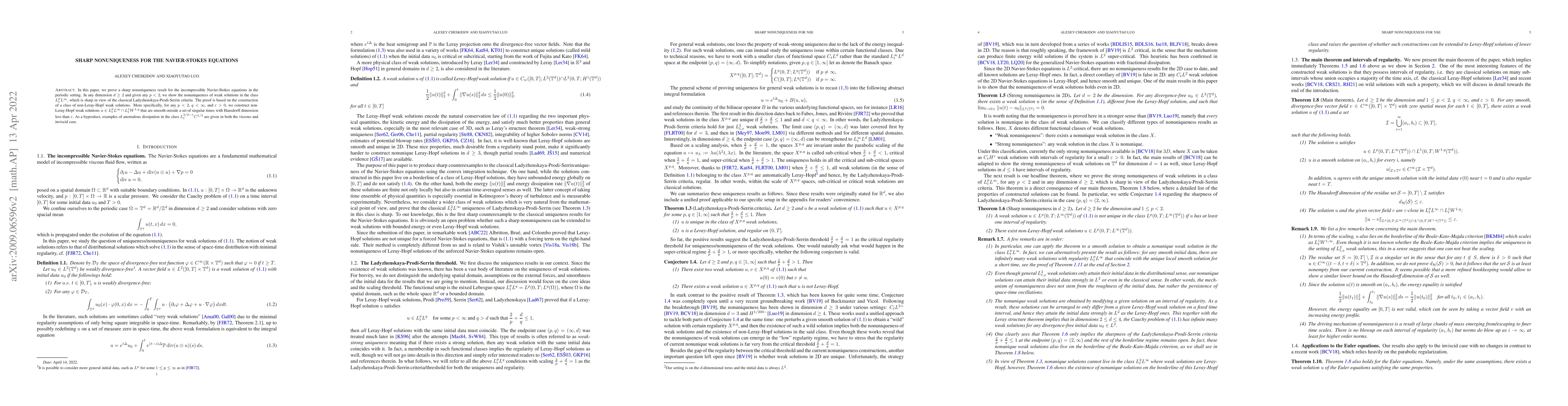 Thumbnail for Sharp nonuniqueness for the Navier-Stokes equations