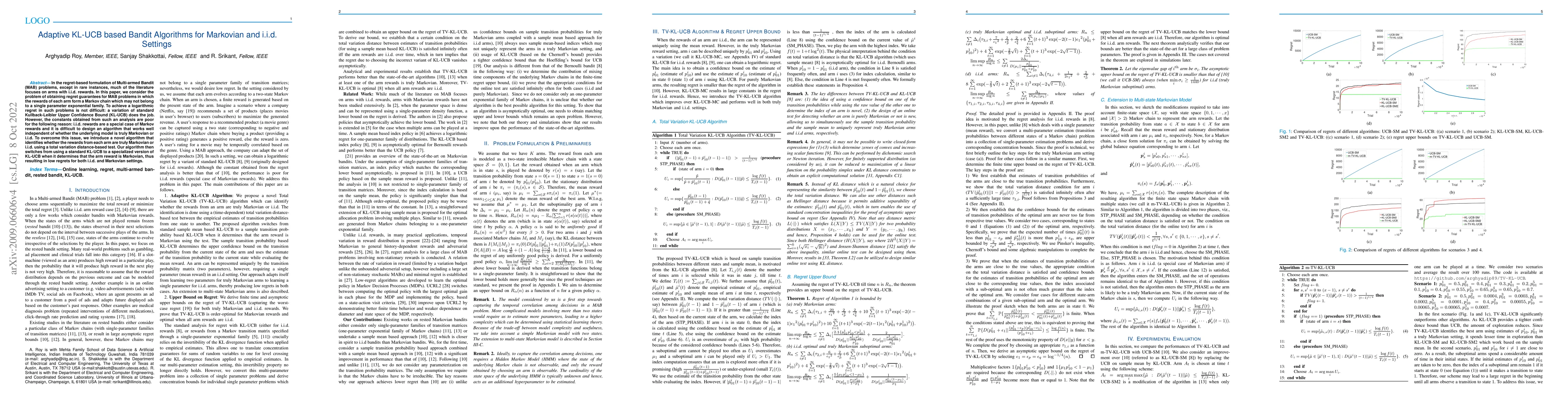 Thumbnail for Adaptive KL-UCB based Bandit Algorithms for Markovian and i.i.d.
  Settings