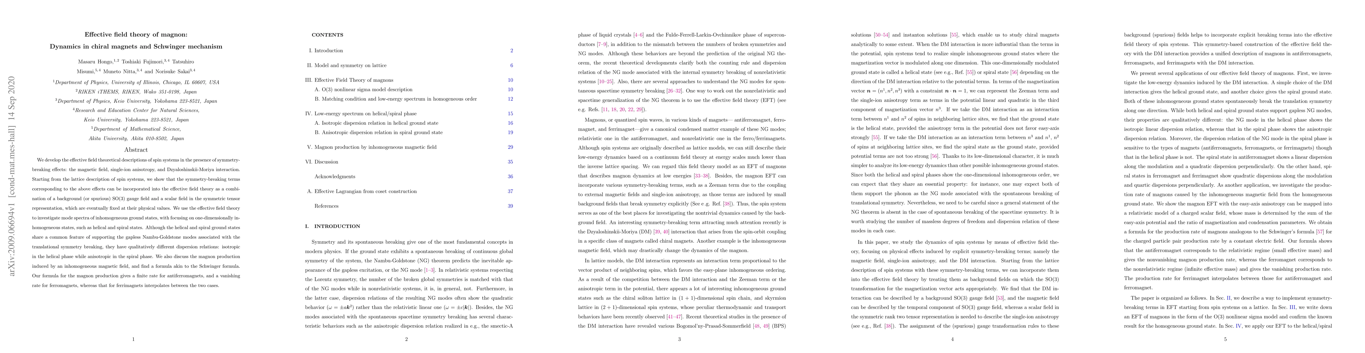 Thumbnail for Effective field theory of magnon: Dynamics in chiral magnets and
  Schwinger mechanism