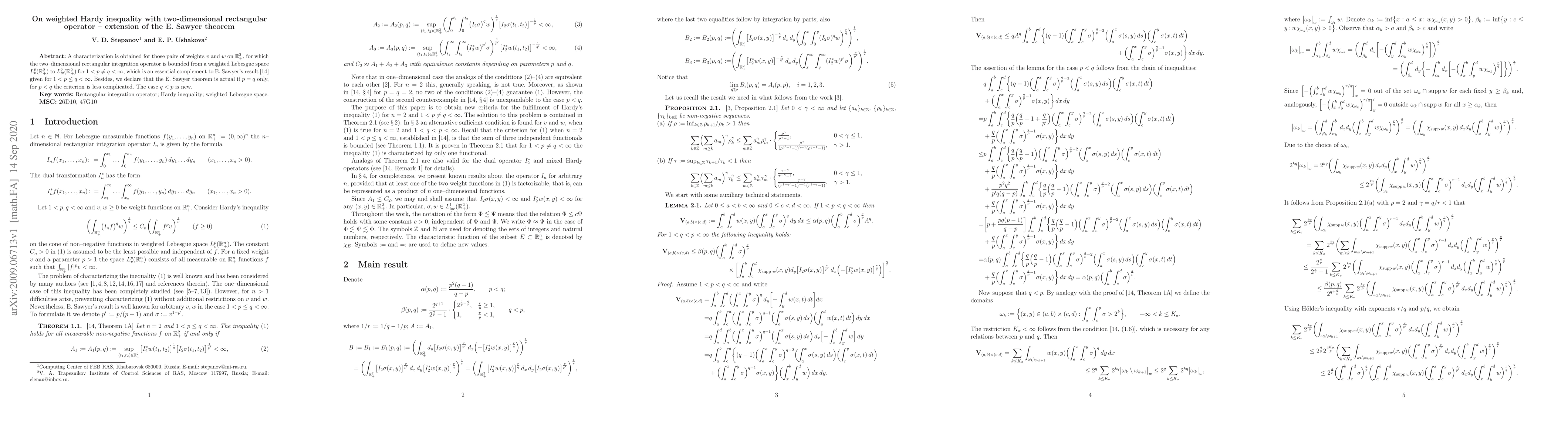 Thumbnail for On weighted Hardy inequality with two-dimensional rectangular operator
  -- extension of the E. Sawyer theorem