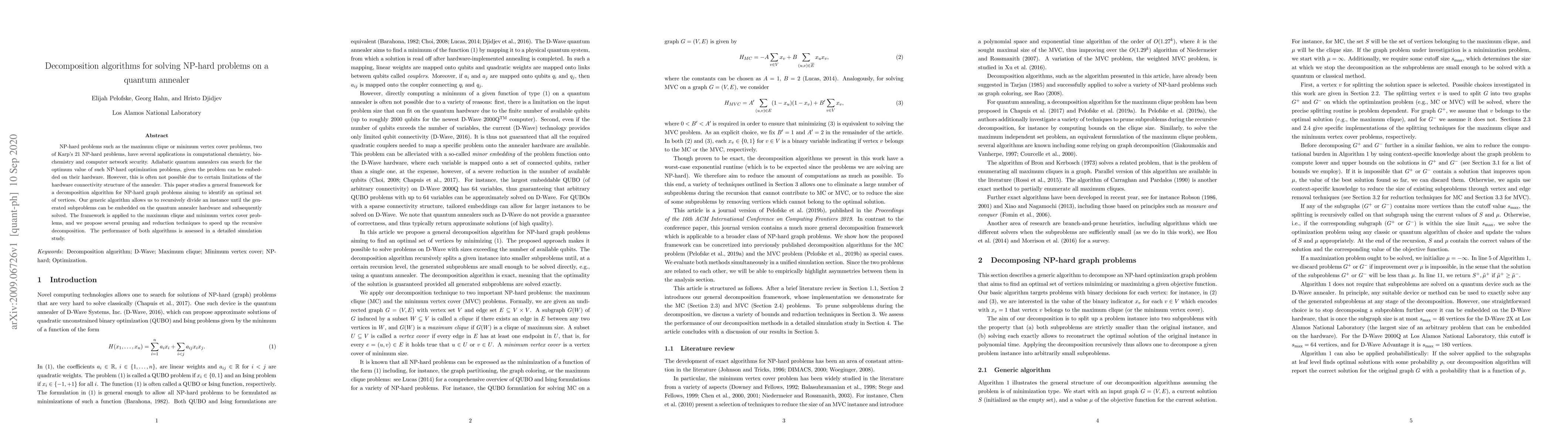 Thumbnail for Decomposition algorithms for solving NP-hard problems on a quantum
  annealer
