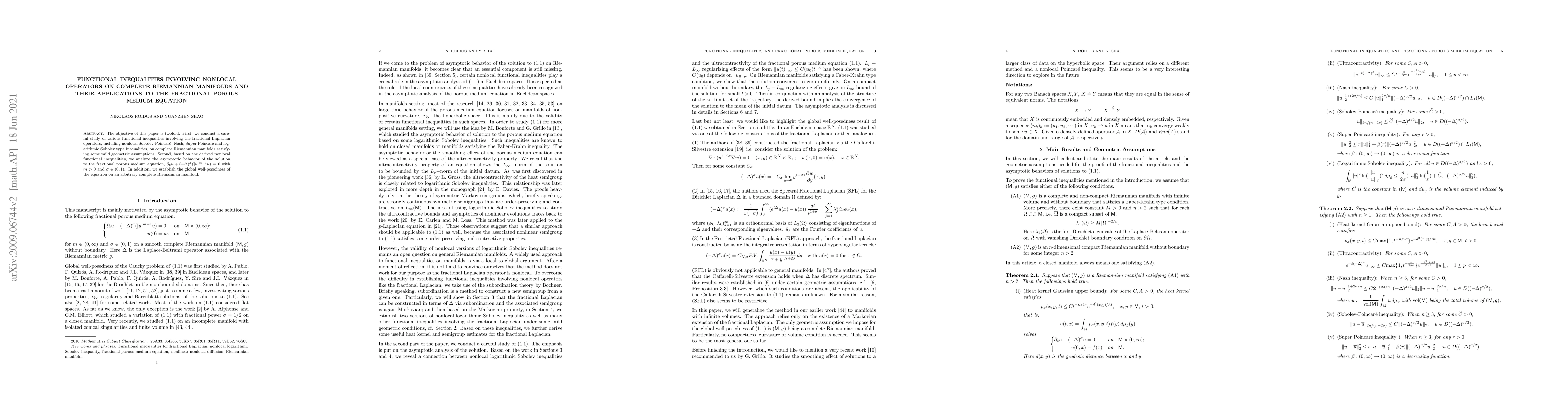 Thumbnail for Functional Inequalities involving Nonlocal Operators on Complete
  Riemannian Manifolds and Their Applications to The Fractional Porous Medium
  Equation