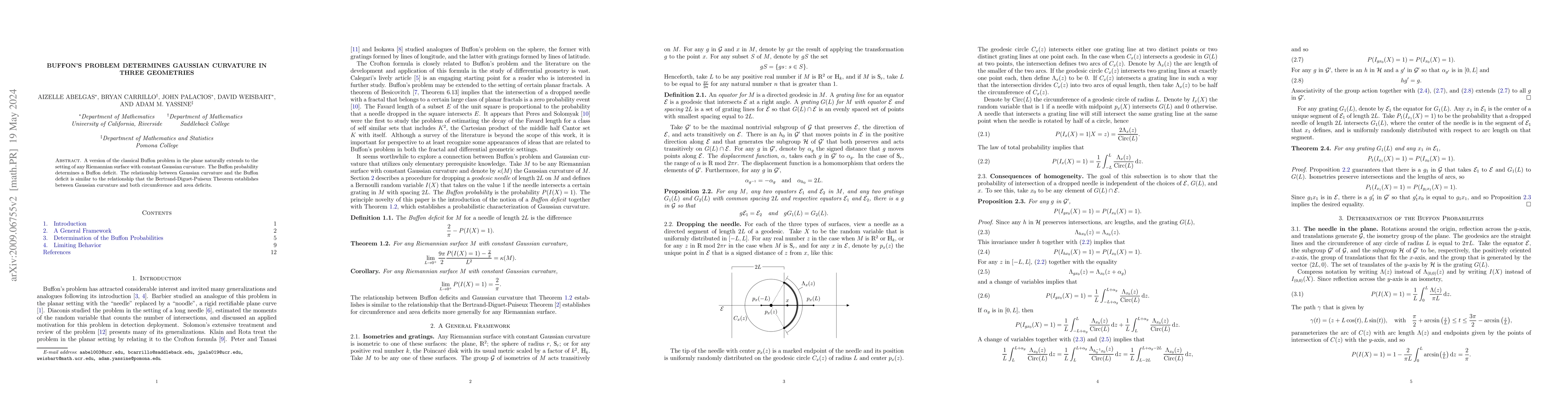 Thumbnail for Buffon's Problem determines Gaussian Curvature in three Geometries