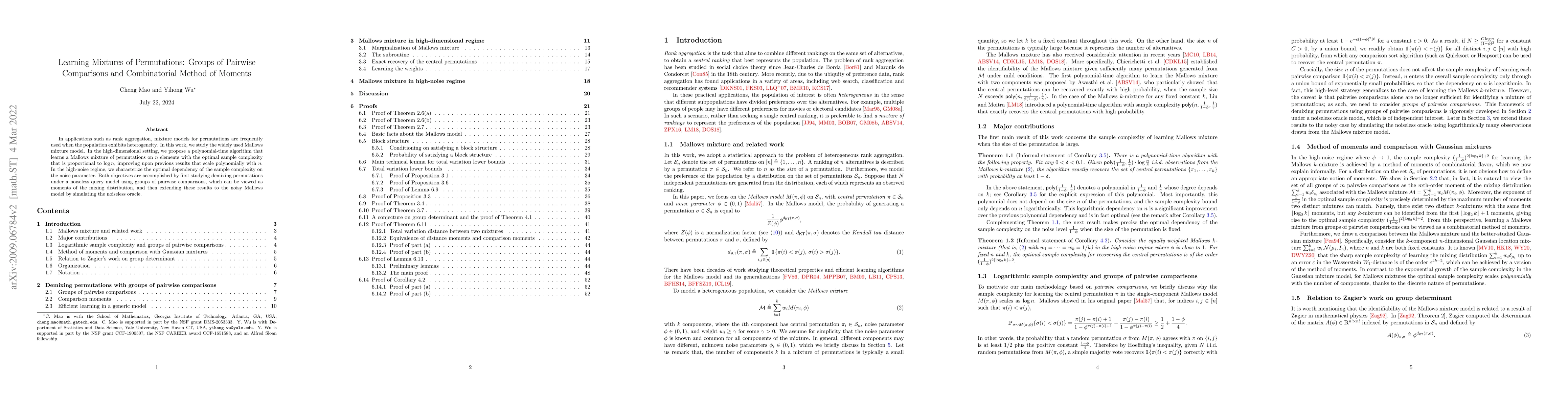 Thumbnail for Learning Mixtures of Permutations: Groups of Pairwise Comparisons and
  Combinatorial Method of Moments
