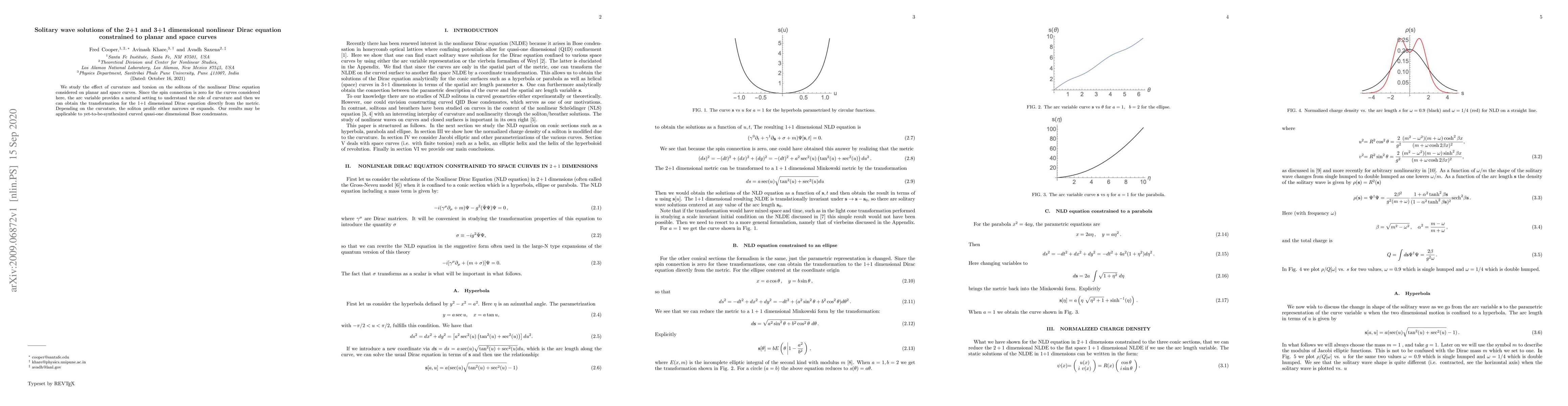Thumbnail for Solitary wave solutions of the 2+1 and 3+1 dimensional nonlinear Dirac
  equation constrained to planar and space curves